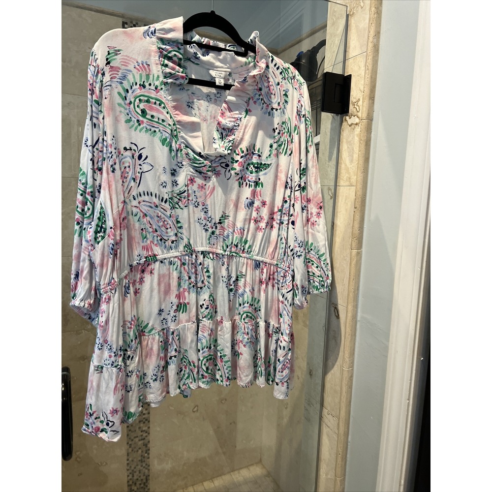 Crown and Ivy 3/4 Balloon Sleeve Paisley Peplum Blouse White Pink 3X 7289073